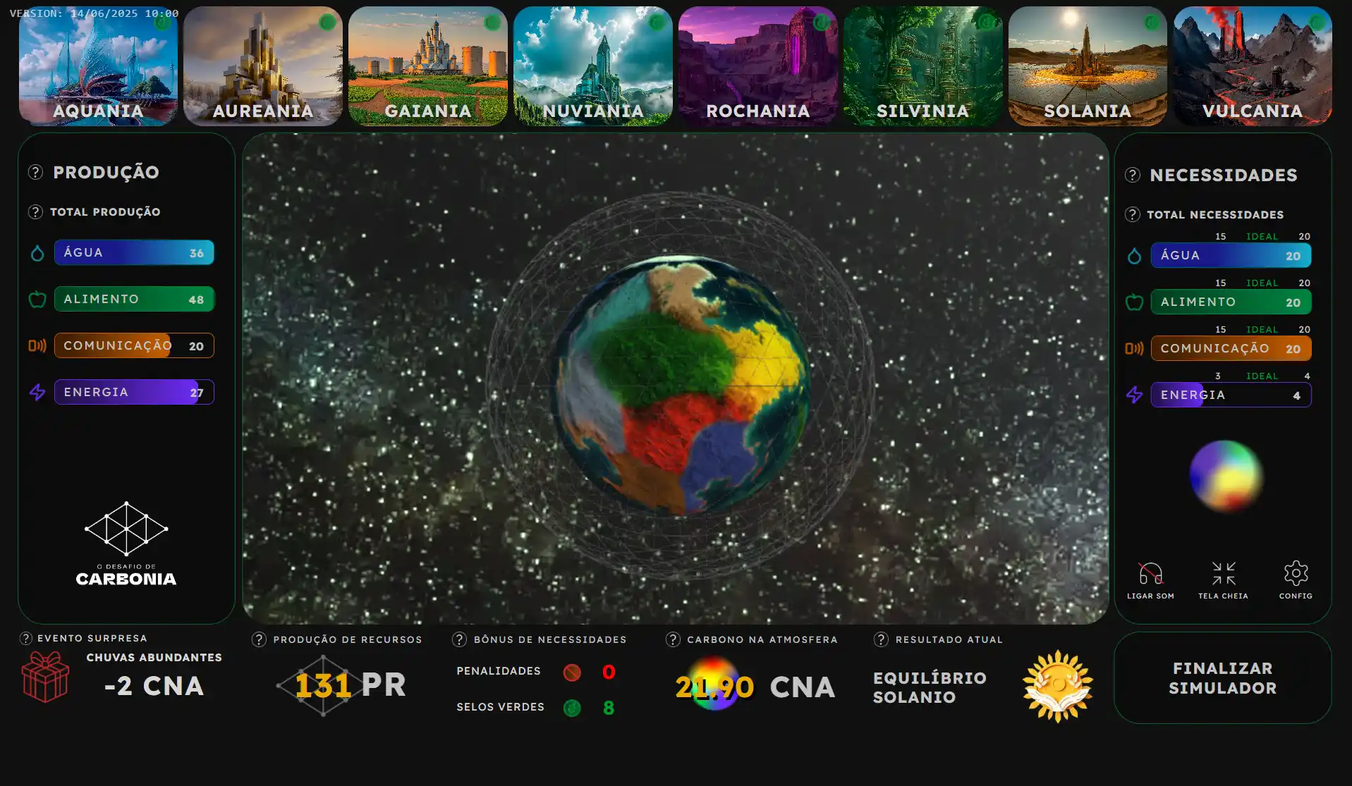 captura de tela da interface do jogo o desafio de carbonia